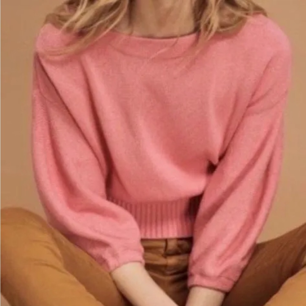 Anthropologie Knitted & Knotted Pink Cropped Balloon Sleeve Sweater Size Large - Picture 8 of 15